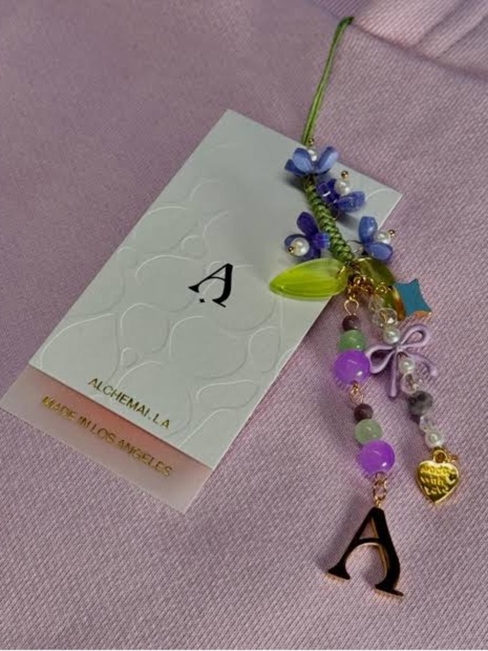 RARE! Alchemai Purple and Green Beaded Phone Charm with 'A' Pendant